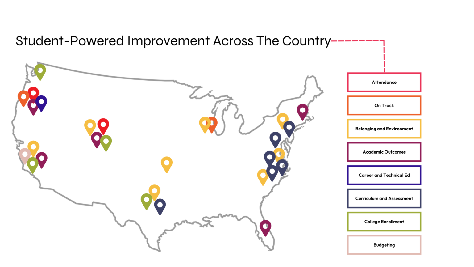 Map of the united states showing where schools and districts are engaged in some form of student powered improvement.